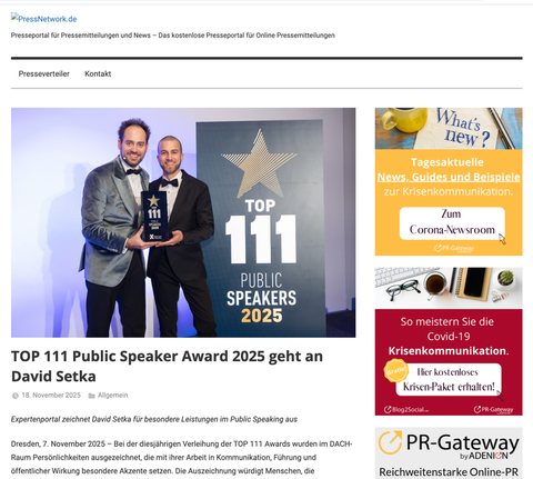 Artikel: TOP 111 Public Speaker Award 2025 geht an David Setka