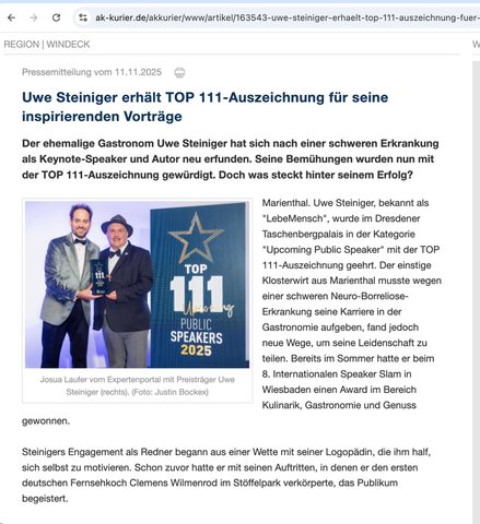 Artikel: Uwe Steiniger erhält TOP 111-Auszeichnung für seine inspirierenden Vorträge